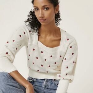 Maeve Anthropologie White Strawberry Embroidered Square Neck Sweater Womens S
